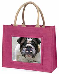 Bulldog "Yours Forever..." Large Pink Jute Shopping Bag