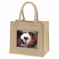 Bulldog Dog Natural/Beige Jute Large Shopping Bag