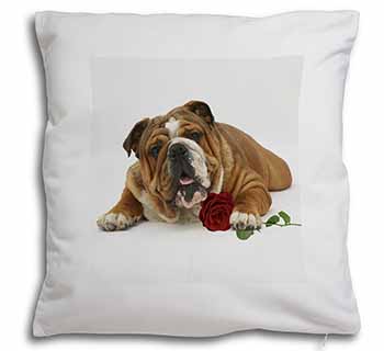 Red Bulldog with Red Rose Soft White Velvet Feel Scatter Cushion