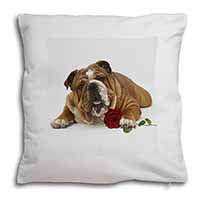 Red Bulldog with Red Rose Soft White Velvet Feel Scatter Cushion