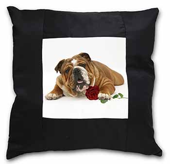 Red Bulldog with Red Rose Black Satin Feel Scatter Cushion