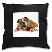 Red Bulldog with Red Rose Black Satin Feel Scatter Cushion