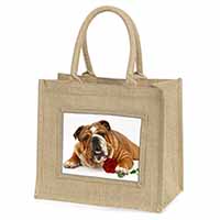 Red Bulldog with Red Rose Natural/Beige Jute Large Shopping Bag