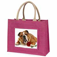 Red Bulldog with Red Rose Large Pink Jute Shopping Bag