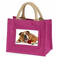 Red Bulldog with Red Rose Little Girls Small Pink Jute Shopping Bag