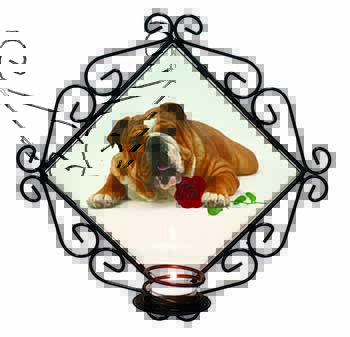 Red Bulldog with Red Rose Wrought Iron Wall Art Candle Holder