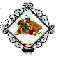 Red Bulldog with Red Rose Wrought Iron Wall Art Candle Holder