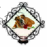 Red Bulldog with Red Rose Wrought Iron Wall Art Candle Holder