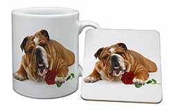Red Bulldog with Red Rose Mug and Coaster Set