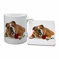 Red Bulldog with Red Rose Mug and Coaster Set