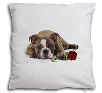 Bulldog with Red Rose Soft White Velvet Feel Scatter Cushion