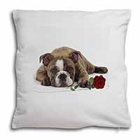 Bulldog with Red Rose Soft White Velvet Feel Scatter Cushion