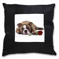 Bulldog with Red Rose Black Satin Feel Scatter Cushion