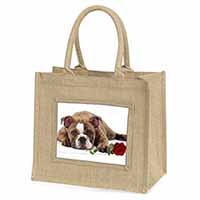 Bulldog with Red Rose Natural/Beige Jute Large Shopping Bag