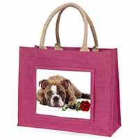 Bulldog with Red Rose Large Pink Jute Shopping Bag