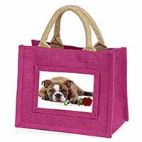 Bulldog with Red Rose Little Girls Small Pink Jute Shopping Bag