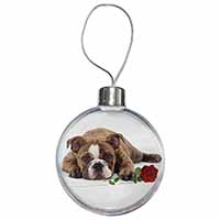 Bulldog with Red Rose Christmas Bauble