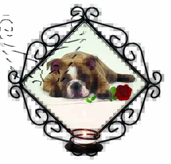 Bulldog with Red Rose Wrought Iron Wall Art Candle Holder
