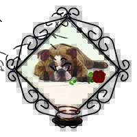 Bulldog with Red Rose Wrought Iron Wall Art Candle Holder