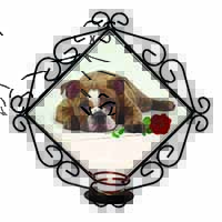 Bulldog with Red Rose Wrought Iron Wall Art Candle Holder