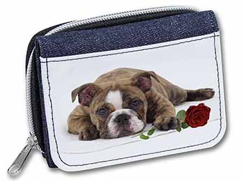 Bulldog with Red Rose Unisex Denim Purse Wallet