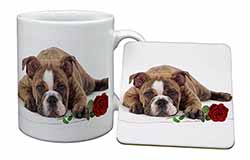 Bulldog with Red Rose Mug and Coaster Set