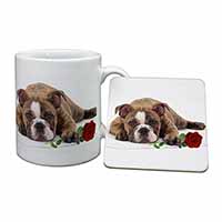 Bulldog with Red Rose Mug and Coaster Set