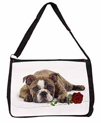 Bulldog with Red Rose Large Black Laptop Shoulder Bag School/College
