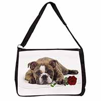 Bulldog with Red Rose Large Black Laptop Shoulder Bag School/College