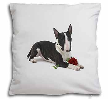 Bull Terrier Dog with Red Rose Soft White Velvet Feel Scatter Cushion