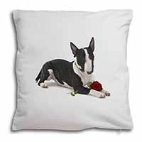 Bull Terrier Dog with Red Rose Soft White Velvet Feel Scatter Cushion