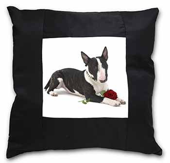 Bull Terrier Dog with Red Rose Black Satin Feel Scatter Cushion