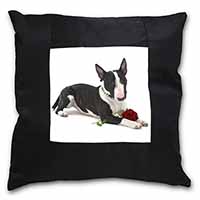 Bull Terrier Dog with Red Rose Black Satin Feel Scatter Cushion