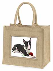 Bull Terrier Dog with Red Rose Natural/Beige Jute Large Shopping Bag