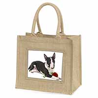 Bull Terrier Dog with Red Rose Natural/Beige Jute Large Shopping Bag