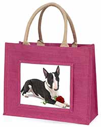 Bull Terrier Dog with Red Rose Large Pink Jute Shopping Bag