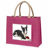 Bull Terrier Dog with Red Rose Large Pink Jute Shopping Bag