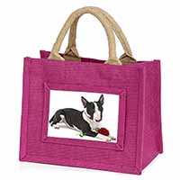 Bull Terrier Dog with Red Rose Little Girls Small Pink Jute Shopping Bag