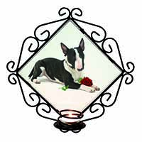 Bull Terrier Dog with Red Rose Wrought Iron Wall Art Candle Holder