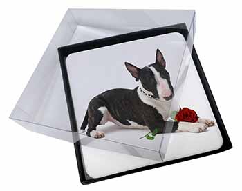 4x Bull Terrier Dog with Red Rose Picture Table Coasters Set in Gift Box