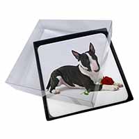 4x Bull Terrier Dog with Red Rose Picture Table Coasters Set in Gift Box