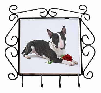 Bull Terrier Dog with Red Rose Wrought Iron Key Holder Hooks