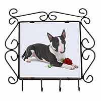 Bull Terrier Dog with Red Rose Wrought Iron Key Holder Hooks