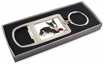 Bull Terrier Dog with Red Rose Chrome Metal Bottle Opener Keyring in Box