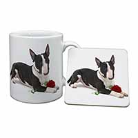 Bull Terrier Dog with Red Rose Mug and Coaster Set