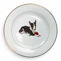 Bull Terrier Dog with Red Rose Gold Rim Plate Printed Full Colour in Gift Box