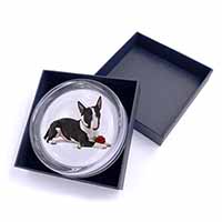 Bull Terrier Dog with Red Rose Glass Paperweight in Gift Box