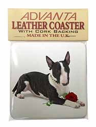 Bull Terrier Dog with Red Rose Single Leather Photo Coaster