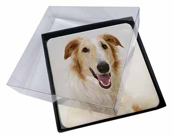 4x Borzoi Dog Picture Table Coasters Set in Gift Box