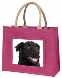 Black Border Collie Dog Large Pink Jute Shopping Bag